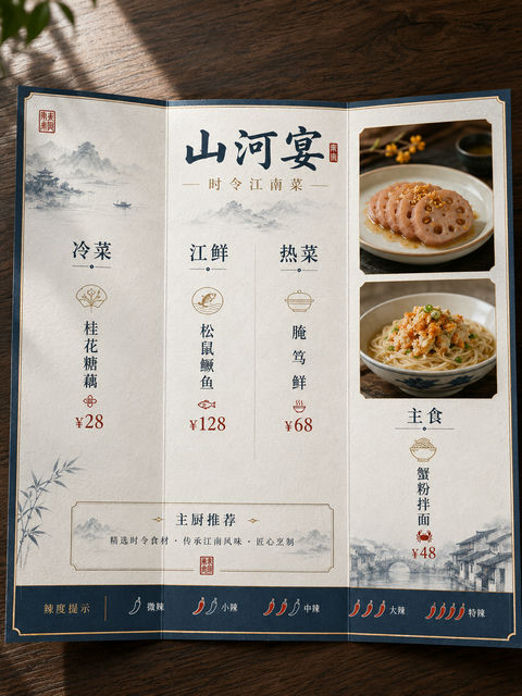 山河宴新中式三折页高端菜单设计 - AI图片提示词示例