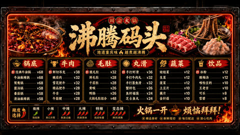 沸腾码头川渝火锅工业风黑金霓虹墙面菜单设计 - AI图片提示词示例