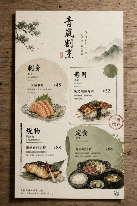青岚割烹极简侘寂风和纸纹理餐垫菜单设计 - AI图片提示词示例