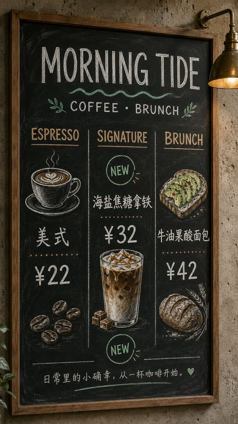 精致工业风手绘粉笔咖啡菜单设计 - AI图片提示词示例