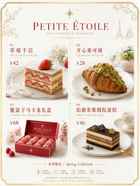 法式烘焙店春季限定菜单排版设计 - AI图片提示词示例