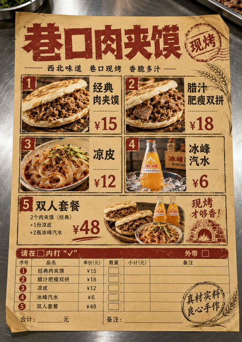 西北风味巷口肉夹馍复古外卖点餐单设计 - AI图片提示词示例