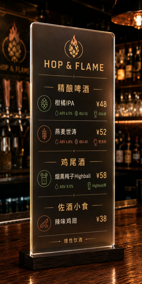 工业风精酿餐吧窄长亚克力酒水菜单设计 - AI图片提示词示例