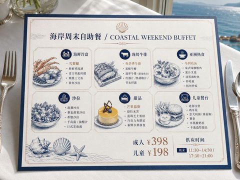 高端海滨酒店周末自助餐菜单设计 - AI图片提示词示例