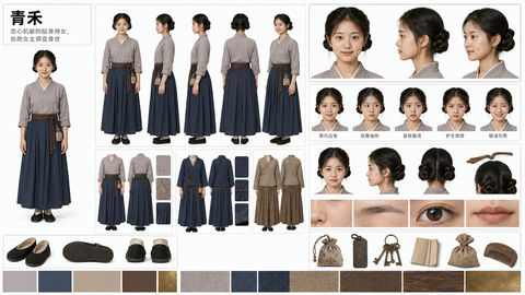 大晟王朝忠心侍女青禾人物全维度资产板 - AI图片提示词示例