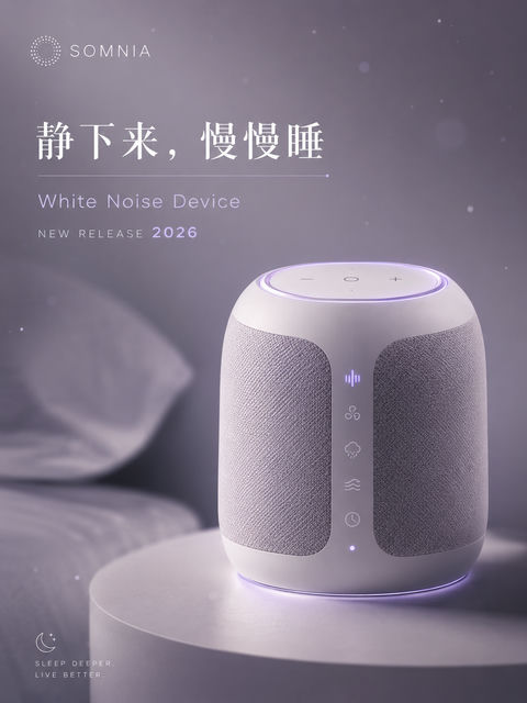 雾紫愈疗：音疗助眠设备新品发布KV - AI图片提示词示例