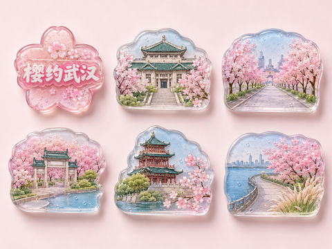 樱约武汉：果冻树脂樱花景点冰箱贴全集 - AI图片提示词示例