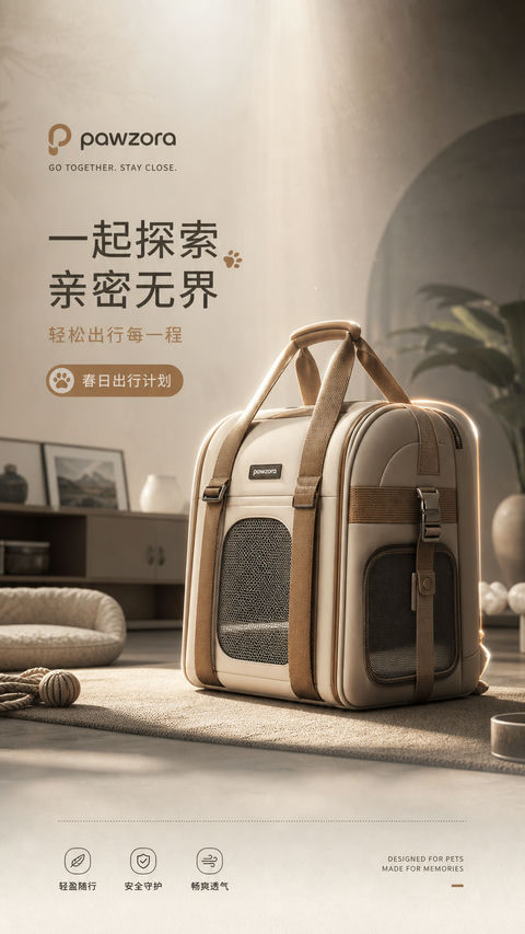 极简理性风格宠物出行包品牌开屏海报 - AI图片提示词示例