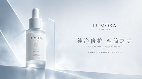 极简主义冰灰蓝调性高端护肤精华官网横幅 - AI图片提示词示例