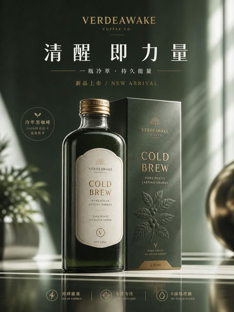 墨绿金致晨光咖啡新品发布主视觉海报 - AI图片提示词示例