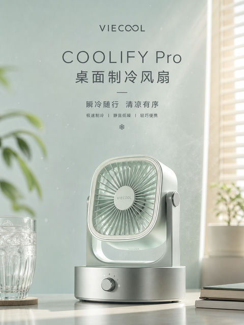 极简浅雾绿桌面风扇新品发布海报 - AI图片提示词示例
