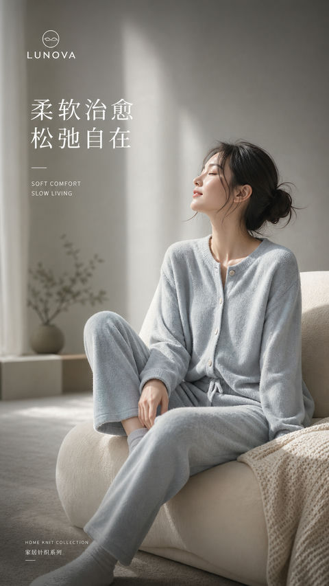 极简高质感居家针织套装品牌开屏海报 - AI图片提示词示例