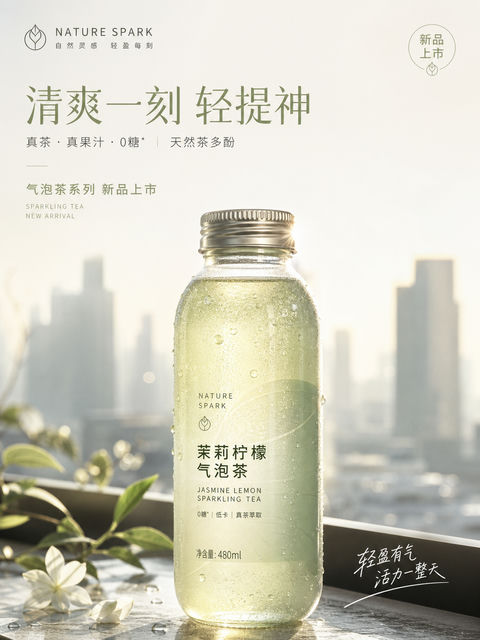 晨光下的气泡茶品牌新品发布海报 - AI图片提示词示例