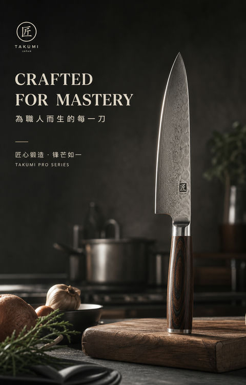 匠心职人专业厨师刀品牌竖屏KV - AI图片提示词示例