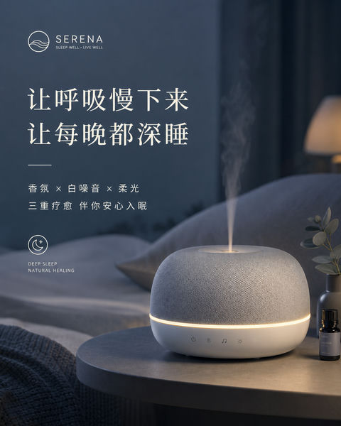 静谧蓝调音疗助眠设备品牌视觉海报 - AI图片提示词示例