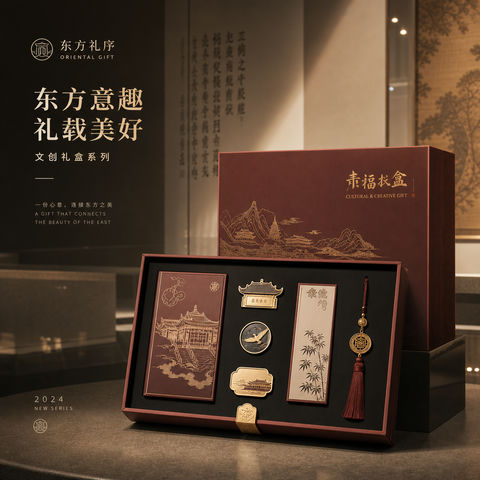 当代东方趣味文创礼盒品牌视觉KV - AI图片提示词示例