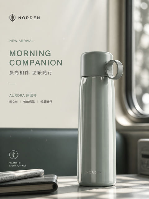 晨间通勤质感保温杯品牌视觉大片 - AI图片提示词示例