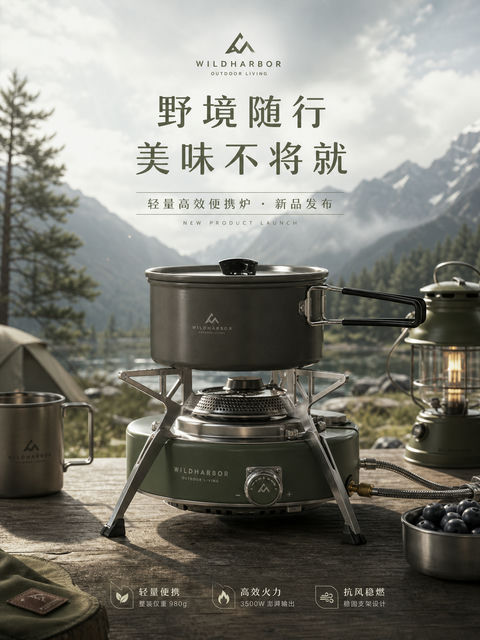 山野露营便携炉具新品发布品牌主视觉 - AI图片提示词示例
