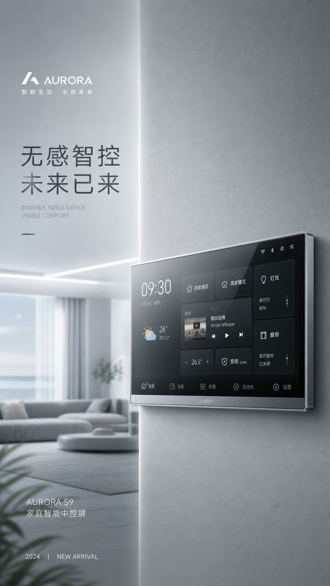 极简未来智能家居中控屏手机开屏海报 - AI图片提示词示例