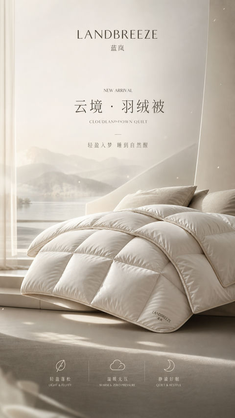 极简静谧治愈系羽绒被品牌开屏视觉 - AI图片提示词示例