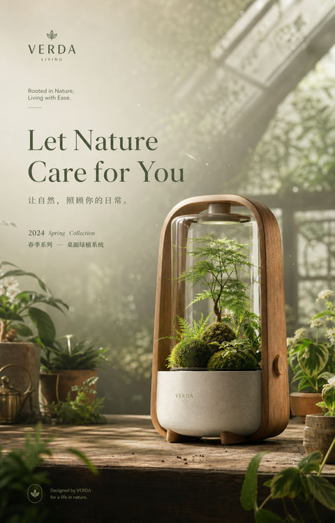 晨雾花房中的自然疗愈：极简绿植品牌视觉 - AI图片提示词示例