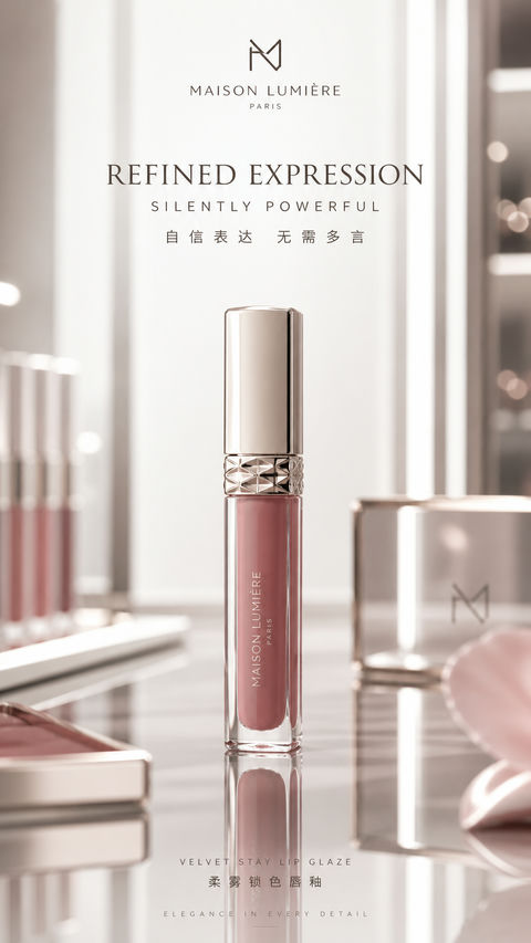 冷调豆沙粉极简唇釉品牌开屏画报 - AI图片提示词示例