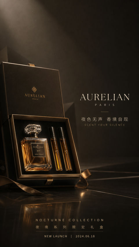 冷奢夜色琥珀金香氛品牌开屏视觉 - AI图片提示词示例
