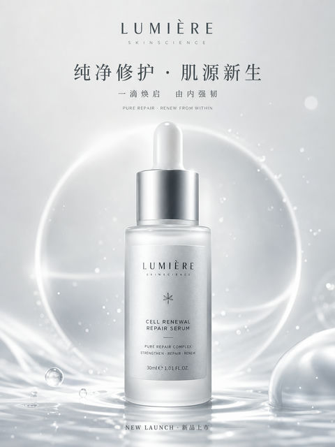 纯净修护高端精华品牌视觉KV海报 - AI图片提示词示例