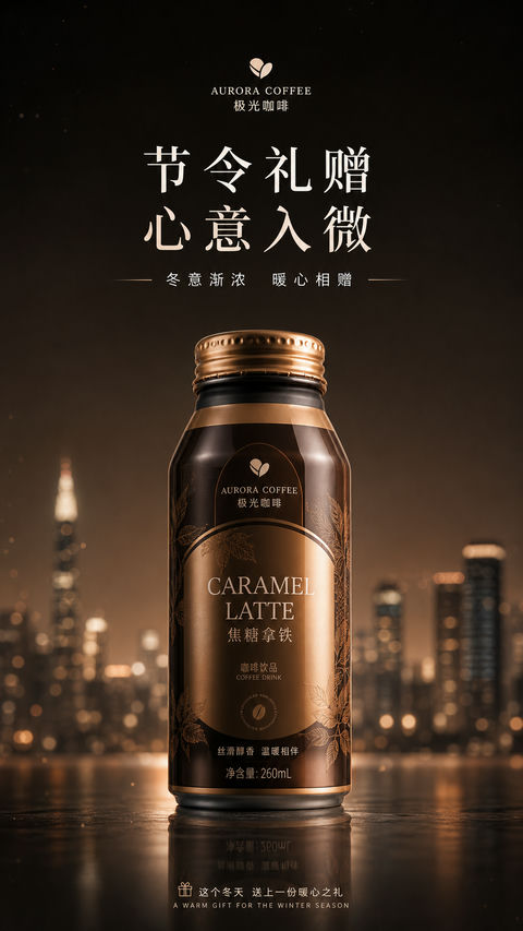 焦糖深咖都市夜色节令礼赠品牌视觉 - AI图片提示词示例