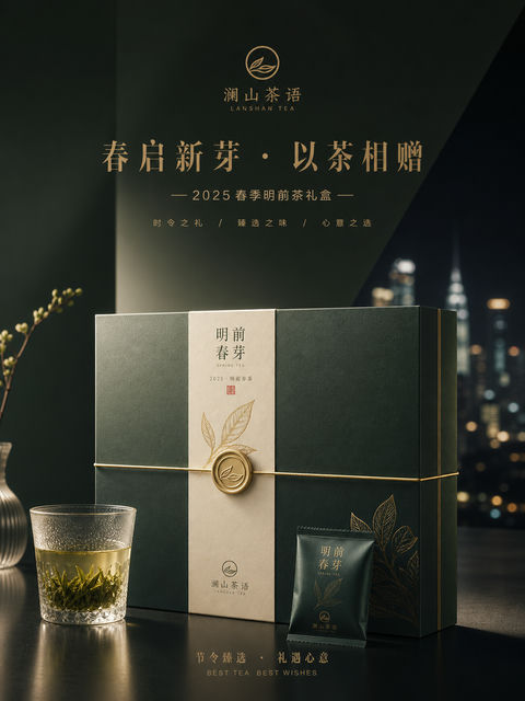墨绿流光都市夜色茶礼视觉大片 - AI图片提示词示例