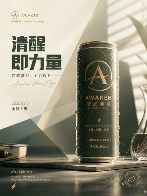 晨光微露中的高奢功能饮料品牌海报 - AI图片提示词示例