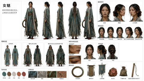 山海经神话：青衣天女魃影视资产板 - AI图片提示词示例
