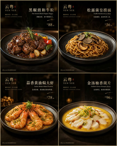 顶级西餐品牌四宫格宣传海报 - AI图片提示词示例