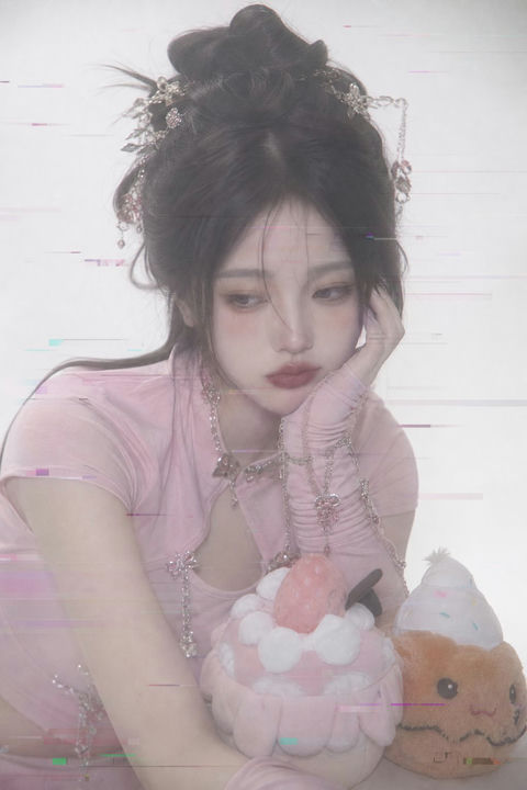 赛博故障粉红短上衣古装少女 - AI图片提示词示例