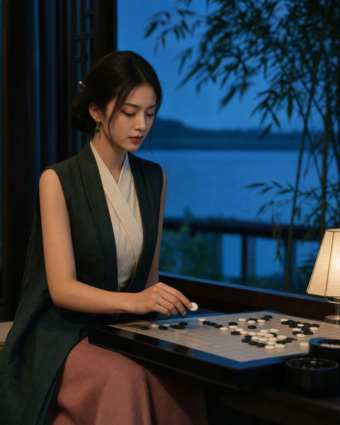 东方女性临水棋亭生活摄影海报 - AI图片提示词示例