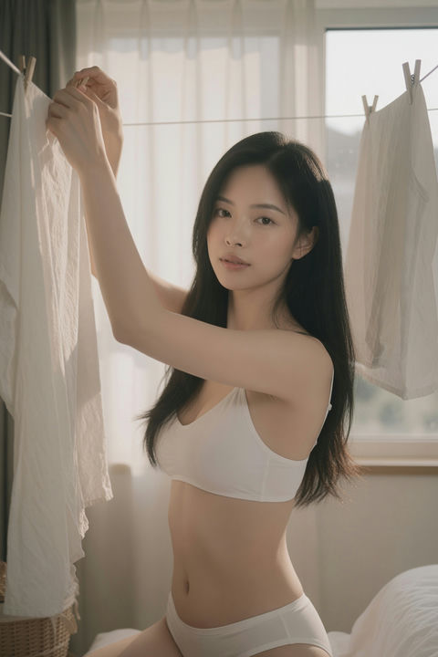 卧室床边晾衣的东亚女性生活写真 - AI图片提示词示例