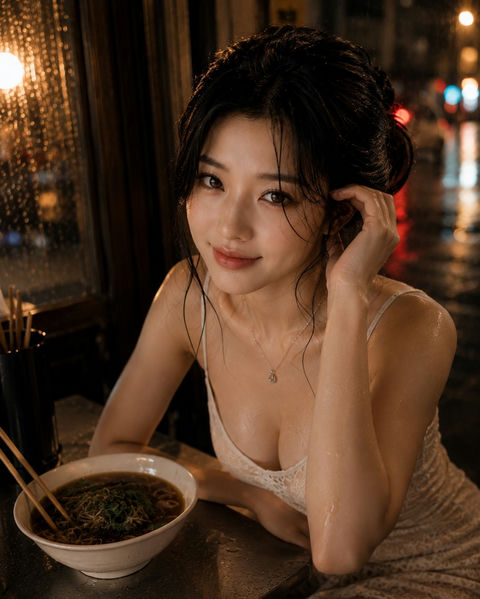超写实夜间街头面馆东亚美女肖像 - AI图片提示词示例