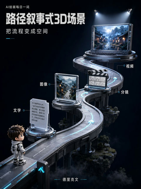 科技感3D路径叙事视觉海报 - AI图片提示词示例