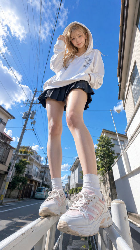 仰拍视角白色卫衣日本女性街拍写真 - AI图片提示词示例
