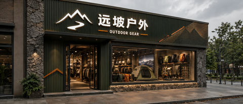 远坡户外店面设计：工业质感与自然交织的探索之门 - AI图片提示词示例