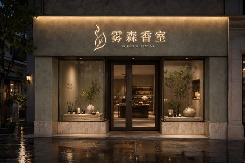 雨后静谧：雾森香室自然风高级感门店设计 - AI图片提示词示例