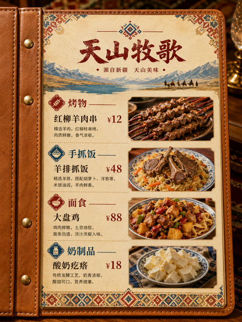 天山牧歌：融合西域美学与现代质感的皮革菜单设计 - AI图片提示词示例
