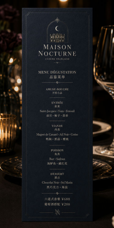 午夜蓝香槟银法式高级餐厅菜单设计 - AI图片提示词示例