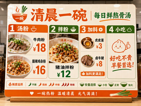 湖南米粉店清晨一碗中式简约点餐牌 - AI图片提示词示例