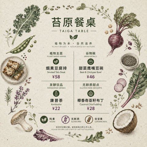 苔原餐桌植物基素食餐厅现代简约菜单设计 - AI图片提示词示例