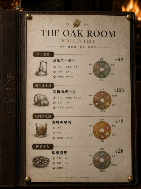 橡木屋精品威士忌酒吧皮革封套酒单设计 - AI图片提示词示例