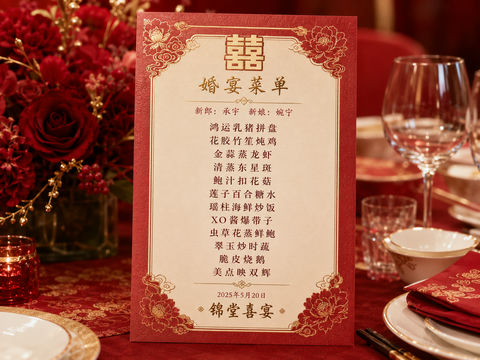 锦堂喜宴红金配色高端中式婚宴菜单 - AI图片提示词示例