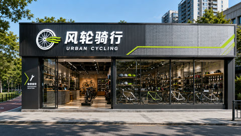 风轮骑行：轻工业风城市单车生活馆门头设计 - AI图片提示词示例