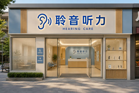 温暖治愈系助听中心门头设计 - AI图片提示词示例