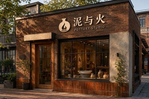 泥与火陶艺工作室复古质朴门头设计 - AI图片提示词示例